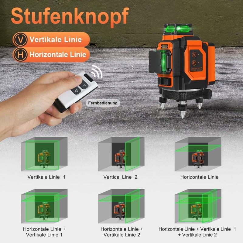 TakamineTech Zöld Keresztvonalas Lézer - 3x360° Önszintező Lézeres Szintező 12 Vonallal, Építkezéshez, 5200 mAh Akkumulátor, Távirányítóval,