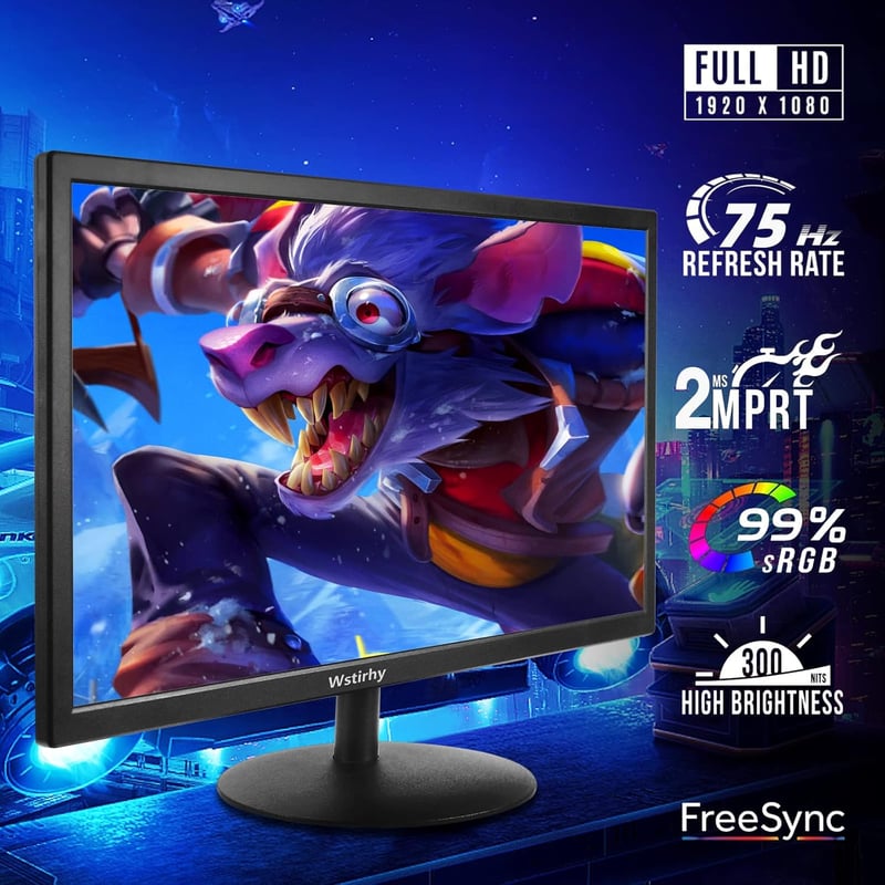 Wstirhy 22" Full HD Monitor - 75Hz LED Képernyő, 1920x1080 Felbontás, 5ms Válaszidő, HDMI/VGA Csatlakozás, Vékony Keret, Fekete Számítógép K