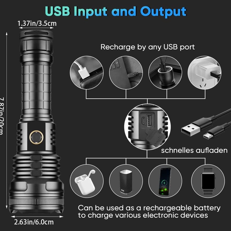 XHP90 LED zseblámpa, 90000 lumen, USB tölthető, vízálló, 5 üzemmód, 4800mAh akku