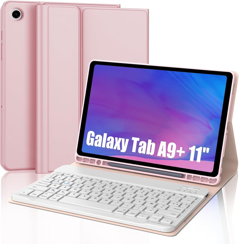 SENGBIRCH Bluetooth Billentyűzetes Tok Samsung Galaxy Tab A9+ 11" (2023) Tablethez - Levehető AZERTY Billentyűzet, Rózsaszín, Háttérvilágítá