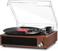 FYDEE Bluetooth Bakelit Lemezjátszó 3 Sebességgel (33/45/78 rpm), Beépített Sztereó Hangszóróval, RCA és AUX Csatlakozással, Dió Színben 1