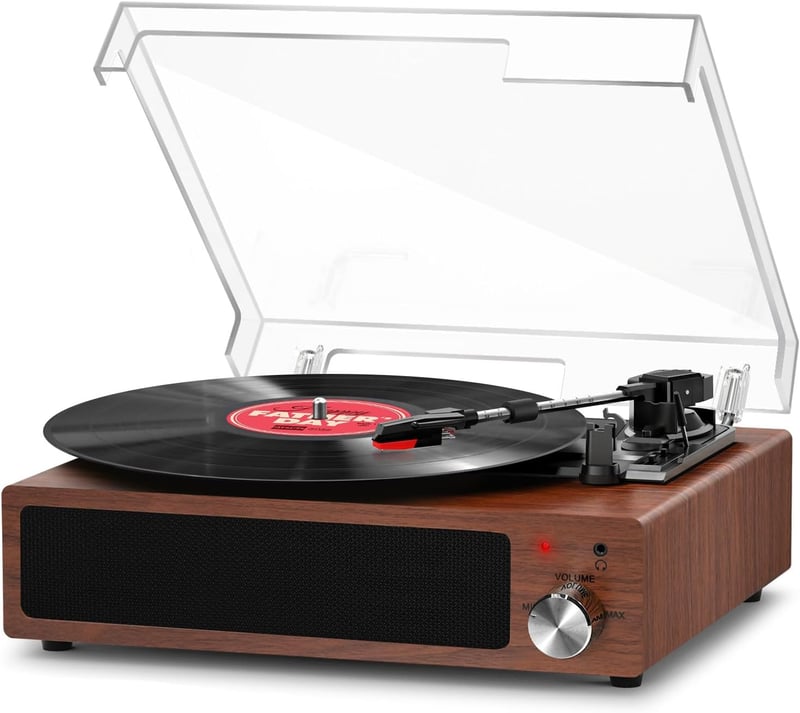 FYDEE Bluetooth Bakelit Lemezjátszó 3 Sebességgel (33/45/78 rpm), Beépített Sztereó Hangszóróval, RCA és AUX Csatlakozással, Dió Színben