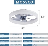 MOSSCO Mennyezeti Ventilátor LED Világítással - Távirányítós, Szabályozható Fényerő, 3 Színhőmérséklet, 6 Fokozat, Modern, Csendes, Fehér, 5 8