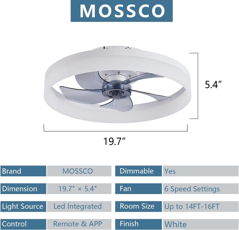 MOSSCO Mennyezeti Ventilátor LED Világítással - Távirányítós, Szabályozható Fényerő, 3 Színhőmérséklet, 6 Fokozat, Modern, Csendes, Fehér, 5