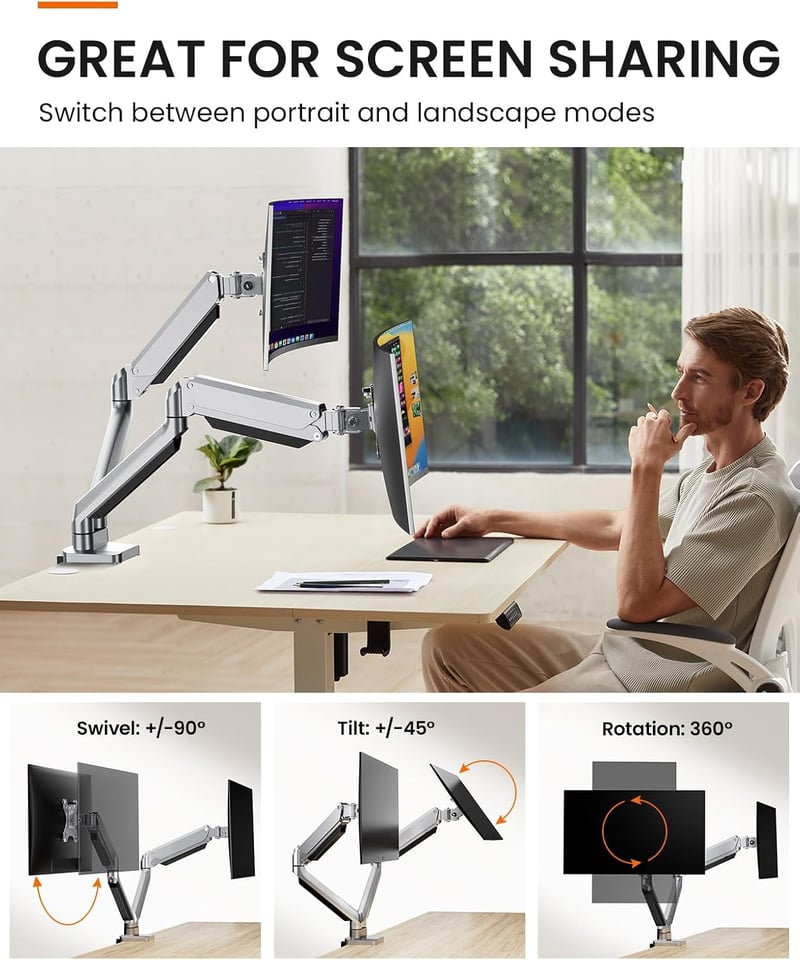 ErGear Dupla Monitortartó 13-32" Képernyőkhöz, Gázrugós Technológia, Teljes Mozgástartomány, ±45° Döntés, 180° Forgatás, VESA 75/100, 8kg Te
