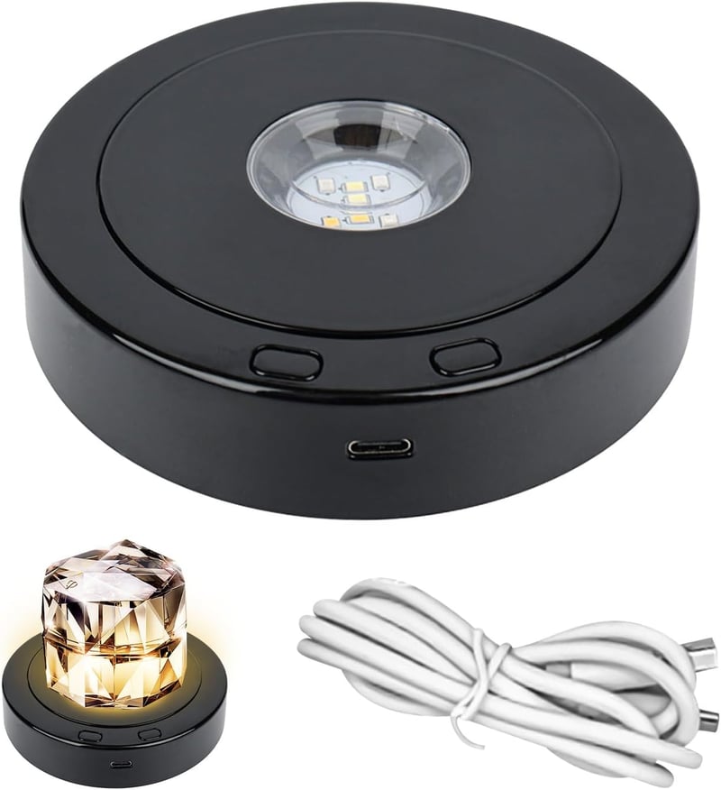 luolety LED Forgó Kiállítási Talp - Színes Fényekkel, 360 Fokos Forgatható Állvány Üveggömbhöz, Kristálygömbhöz, Ékszerekhez, USB/Elemes Műk