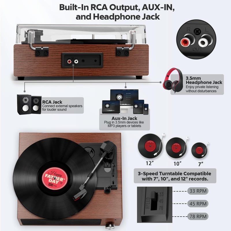 FYDEE Bluetooth Bakelit Lemezjátszó 3 Sebességgel (33/45/78 rpm), Beépített Sztereó Hangszóróval, RCA és AUX Csatlakozással, Dió Színben