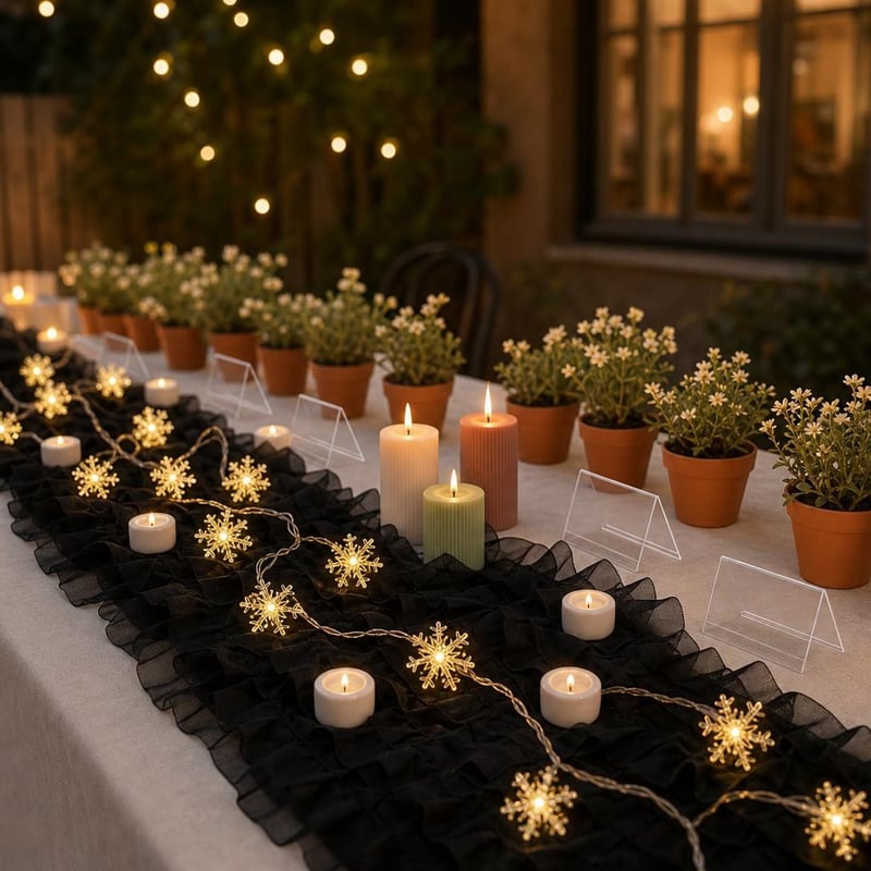 Set decor nuntă: 20m panglică neagră + 6m/40LED ghirlandă + 3 lumânări + 10 suporturi + 5 suporturi nume