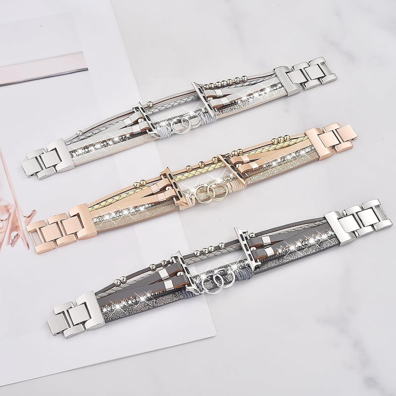 VISOOM Boho Gyöngyös Bőr Szíj Apple Watch 42mm/44mm/45mm/49mm Órához - Női Divatos Kétrétegű Karkötő Series 10/9/8/7/SE Kompatibilis
