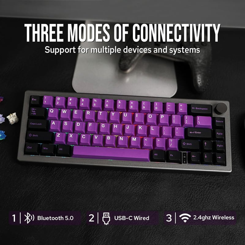 EPOMAKER EK68 65% Mechanikus Gamer Billentyűzet, Hot-Swap, Hármas Csatlakozás, 3000 mAh Akkumulátor, RGB Háttérvilágítás, PBT Keycaps, Feket