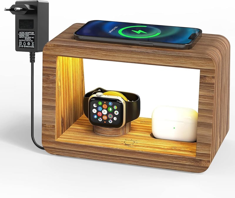 Alltripal 15W Vezeték Nélküli Töltőállomás Asztali Lámpával - 3in1 iPhone/AirPods/iWatch Töltő, 3 Színhőmérsékletű Éjjeli Lámpa, Bambusz

AI