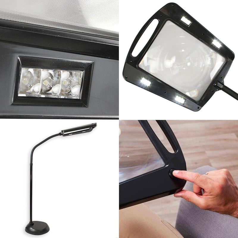 FISHTEC Nagyító Lámpa - 5x Nagyítás, 22,5x18 cm Képernyő, 12 LED Világítás, 160 cm Állvány, Flexibilis Talp, Fekete