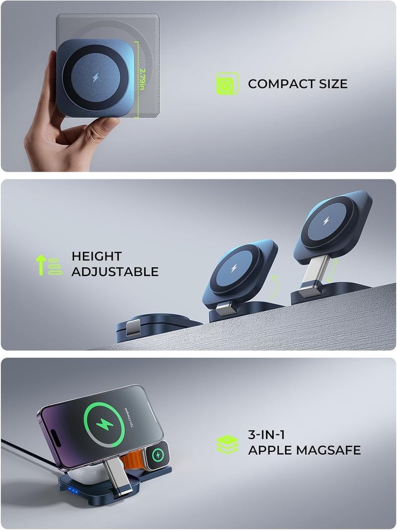 LISEN 3 az 1-ben MagSafe töltőállomás iPhone-hoz és Apple Watch-hoz - Kék vezeték nélküli töltő