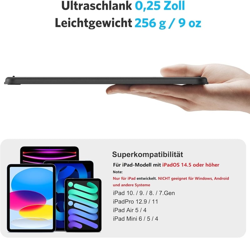 Emetok 7 színű háttérvilágítású német QWERTZ Bluetooth billentyűzet trackpaddal iPad-hez