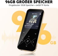 AGPTEK MP3 lejátszó 96GB, Bluetooth 5.3, HiFi hangzás, 2,4" színes kijelző, érintőgombos, fekete-arany 2