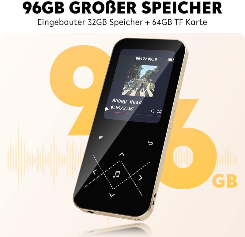 AGPTEK MP3 lejátszó 96GB, Bluetooth 5.3, HiFi hangzás, 2,4" színes kijelző, érintőgombos, fekete-arany