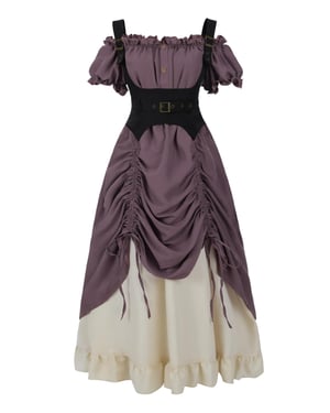 Rochie Maxi Medievală Victoriană Renascentistă FCCAM pentru Femei - Rochie Gotică din Bumbac cu Mânecă Scurtă - Mov - Mărimea XXL