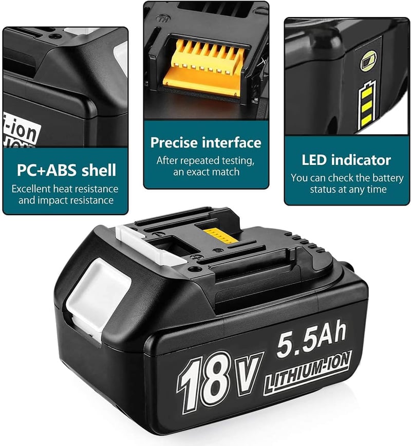 Bonadget 18V 5500mAh Akkumulátor Makita Szerszámgépekhez - 2db LED Kijelzős Csereakku BL1860B BL1850B BL1840 BL1830 Kompatibilis Modellekhez
