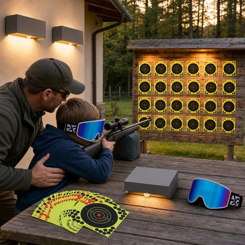 Set za streljaštvo na otvorenom: 25x reflektirajuće mete + LED svjetlo sa senzorom + UV naočale
