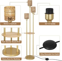 Rayofly Modern Boho Állólámpa 3 Izzóval - Rattan Lámpaernyő, Polccal és Háromfokozatú Lábkapcsolóval - Tökéletes Hálószobába, Irodába, Nappa 4