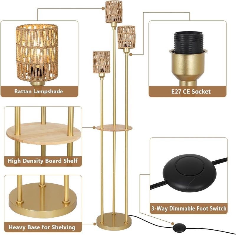 Rayofly Modern Boho Állólámpa 3 Izzóval - Rattan Lámpaernyő, Polccal és Háromfokozatú Lábkapcsolóval - Tökéletes Hálószobába, Irodába, Nappa