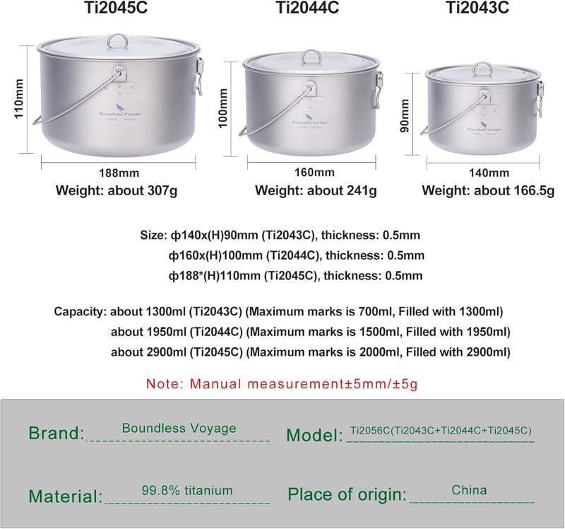 iBasingo Titán Kemping Edénykészlet - 3 db Fedeles Fazék (1,3L, 1,95L, 2,9L) Túrázóknak