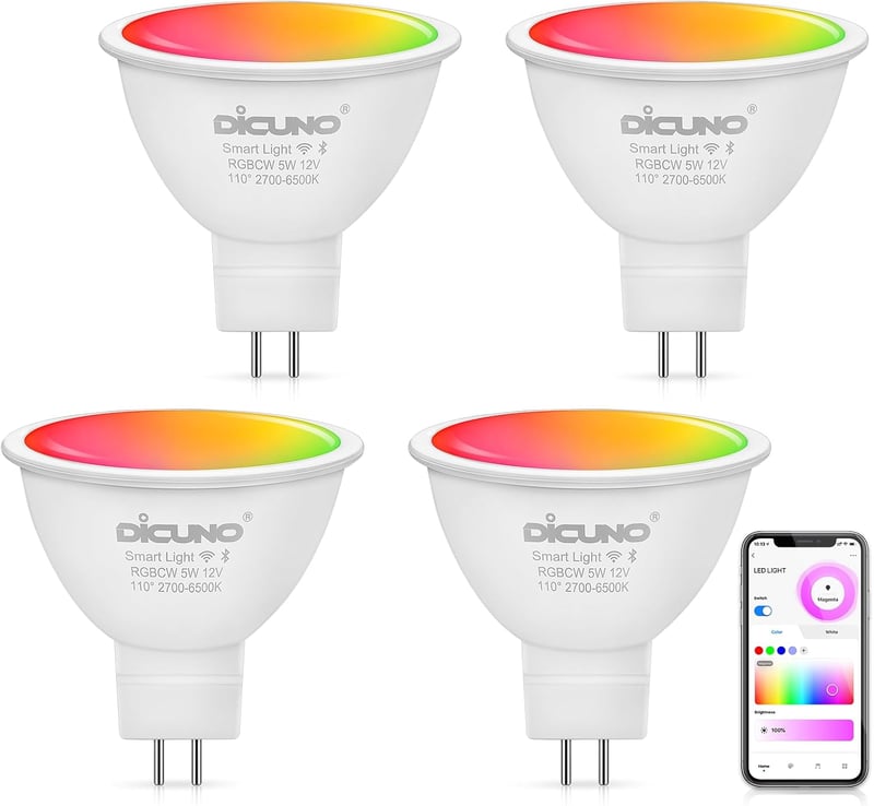 DiCUNO 5W GU5.3 Okos LED Spotlámpa - WiFi/Bluetooth RGB Színváltós, Fényerőszabályozható, 2700K-6500K, Alexa/Google Kompatibilis, 320LM, 12V