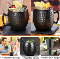 SuproBarware Moscow Mule Szett - 4 db Fekete Fém Koktélpohár (550 ml) Szívószálakkal és Mérőpohárral - Kézzel Készített Prémium Italszervíro 5