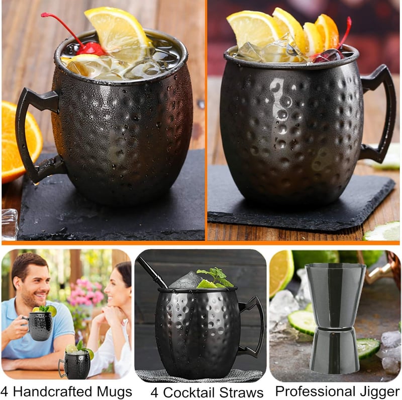 SuproBarware Moscow Mule Szett - 4 db Fekete Fém Koktélpohár (550 ml) Szívószálakkal és Mérőpohárral - Kézzel Készített Prémium Italszervíro