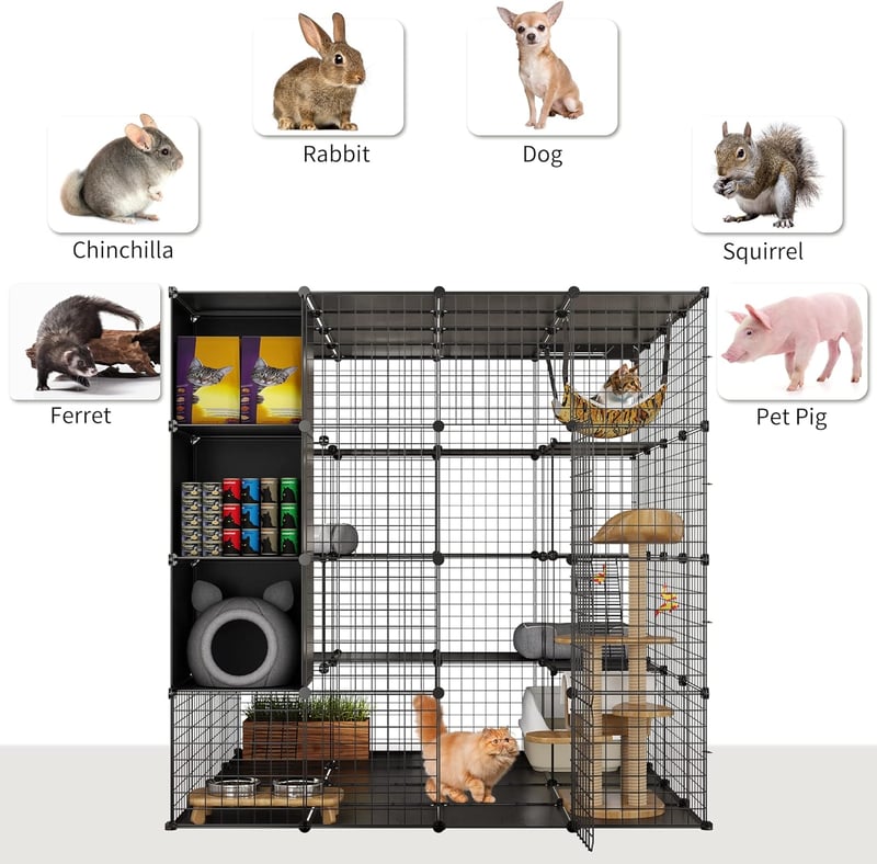YITAHOME Nagy Macska Ketrec Tárolóval - 140x140x140 cm Fém Játszótér Függőággyal, 4-Szintes Beltéri Kennel 1-4 Macska Részére, Fekete