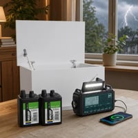 Komplet za hitne slučajeve: solarni radio + svjetiljka + power bank + 2x 6V baterije + kutija 1