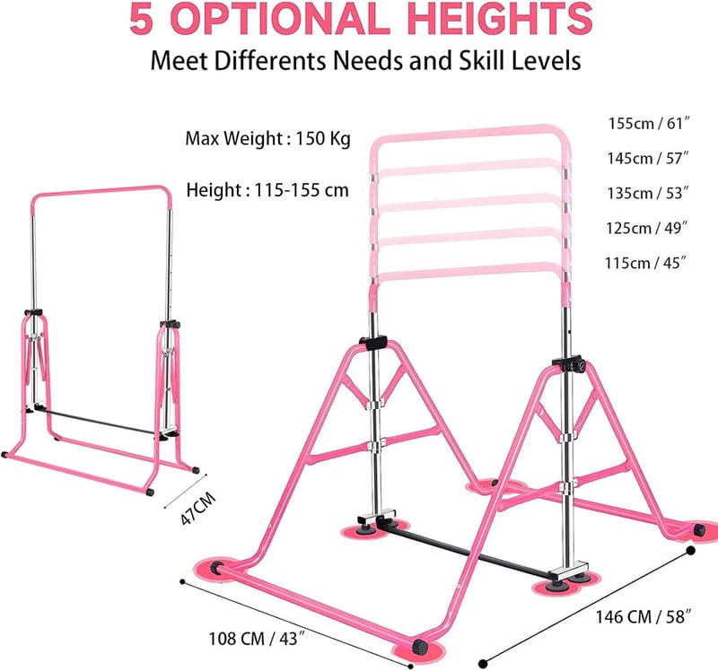 FCOUMY Összecsukható Tornaszélesítő Rúd Gyerekeknek, Magasságállítható Húzódzkodó Rúd Rózsaszín