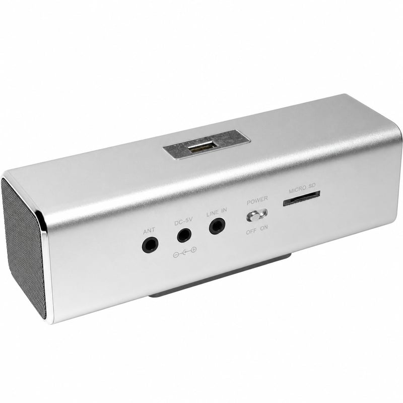 Bluetooth reproduktor MusicMan MA strieborný – MP3 prehrávač, rádio, USB a Line-In pripojenie – nabíjací kábel (stav: pozri 2. obrázok)