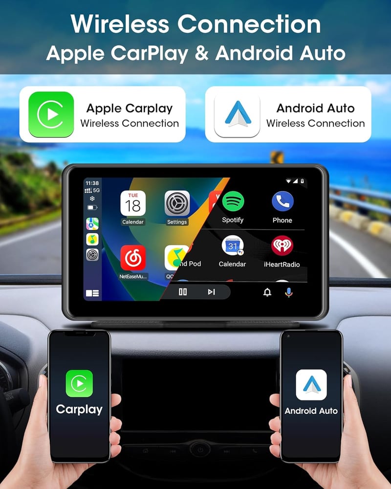Jansite T88-EU 7" Hordozható Autós Érintőképernyős Kijelző - Apple CarPlay és Android Támogatás, Dual Bluetooth, 1080P Tükrözés, FM Rádió