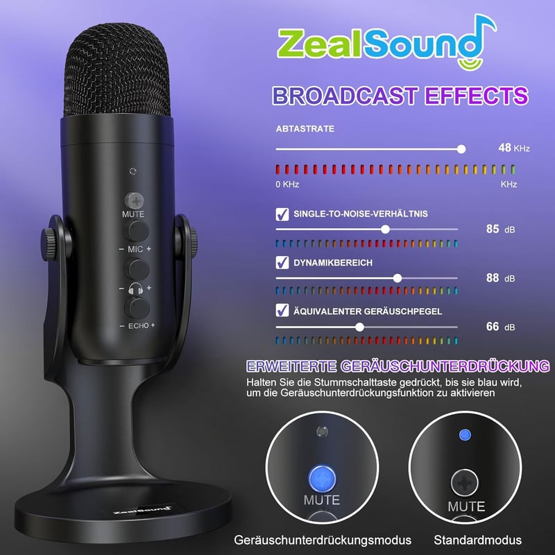 ZealSound K66 USB-C Kondenzátor Mikrofon PC, Telefon, PS4/PS5 Eszközökhöz - Játék, Podcast, Streaming, ASMR Felvételekhez, Némítás/Erősítés/