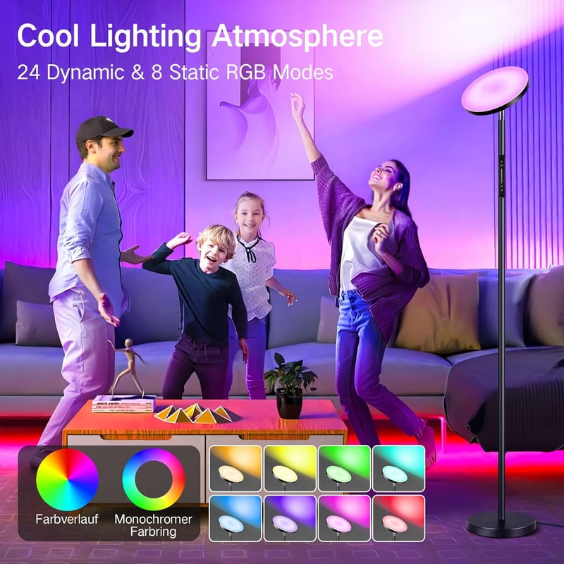OUTON LED Állólámpa 36W 3000 Lumen - Távirányítós RGB Hangulatvilágítás 24 Dinamikus és 8 Statikus Színmóddal, Érintésvezérléssel, Időzítőve