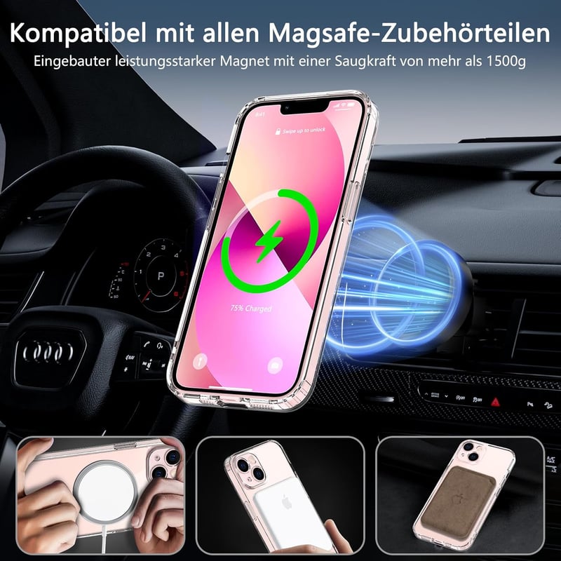 iPhone 13 MagSafe-kompatibilis átlátszó tok ütésálló üvegvédelemmel
