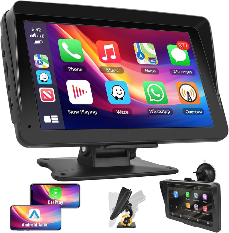 Podofo 7" Hordozható Autórádió IPS Érintőképernyővel - Vezeték Nélküli Apple CarPlay & Android Auto, Bluetooth, GPS Navigáció, FM, USB