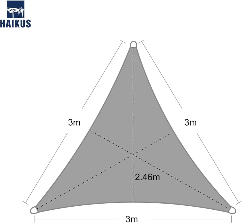Haikus Háromszög Napvitorla 3x3x3m - Prémium HDPE Árnyékoló, Légáteresztő, Időjárásálló, Kertbe, Erkélyre, Teraszra, Rögzítőkötéllel, Grafit