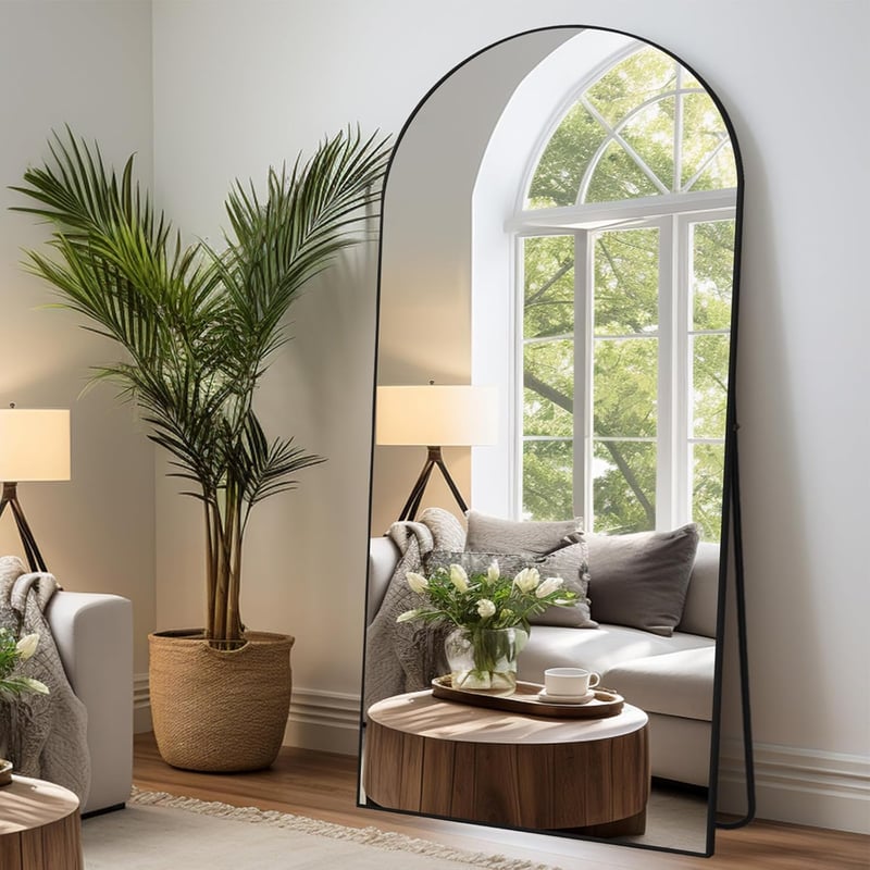 LunaMirror Ívelt Álló Tükör 192x85 cm - Teljes Alakos Padlótükör Hálószobába, Nappaliba - Fekete Alumínium Kerettel, Nano Üveg