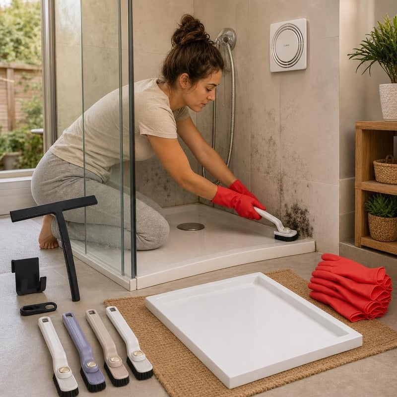 Balík proti plesniam: stierka + ventilátor + kefy + sprchová vanička + 12 párov rukavíc