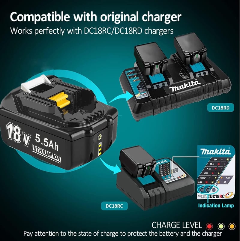 Makita 18V 5.5Ah akkumulátor 2db, LED-es, BL1860B kompatibilis