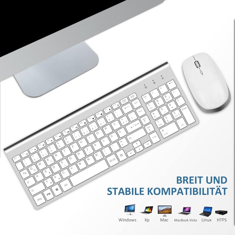 Vezeték nélküli QWERTZ billentyűzet és egér szett - Ergonomikus, vékony, német kiosztású - Fehér-ezüst