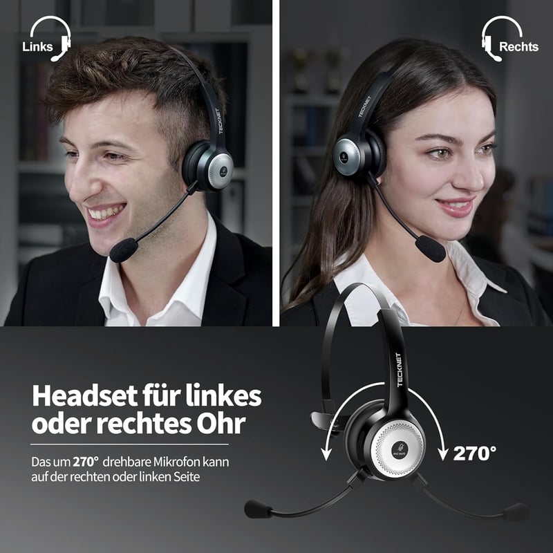 TECKNET Bluetooth Fejhallgató Mikrofonnal és USB Adapterrel - 45 Órás Üzemidő, 10m Hatótáv, AI Zajszűrés, Töltőállomás, Irodai Headset - 2-black, Bluetooth + USB dongle + charging station