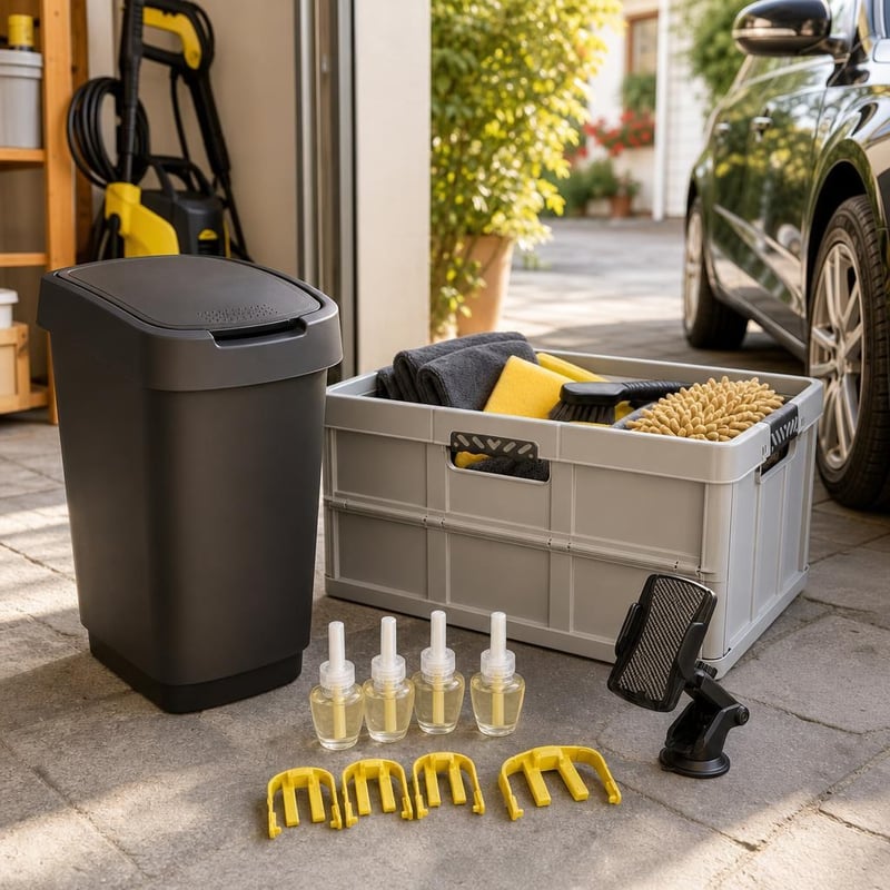 Sada do auta: 4× klip + 25l kôš + 45l box + 3×19ml vôňa + 7” držiak