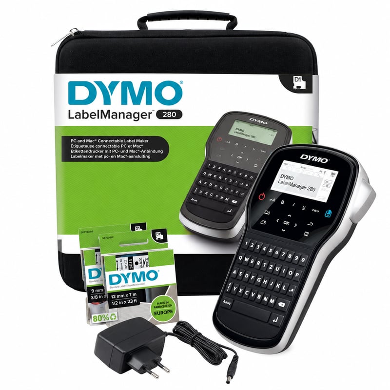 DYMO LabelManager 280 Hordozható Feliratozógép Kofferben, QWERTZ Billentyűzet, D1 Szalag — akkumulátor nélkül (állapot: lásd a 2. képet)