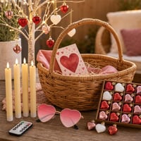Valentínsky darčekový set: 2x srdcové okuliare + 2x LED sviečka + 16x závesná dekorácia + darčekový kôš 1