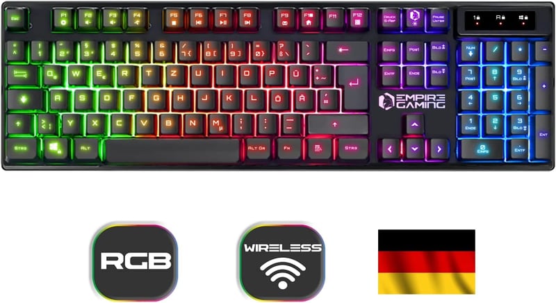 EMPIRE GAMING Armor RF800 Vezeték Nélküli Gamer Billentyűzet és Egér Szett RGB Háttérvilágítással, 4800 DPI, QWERTZ, PC/PS4/PS5/Xbox Kompati - RF800 Wireless Schwarz