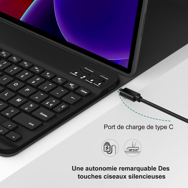 SENGBIRCH Bluetooth Billentyűzetes Tok Lenovo Tab P11 2 Gen 11.5" Tablethez - Levehető AZERTY Francia Billentyűzet, Védőtok, Fekete