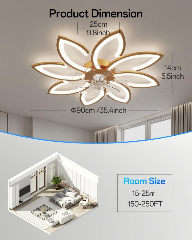 YUNLONG 90 cm Mennyezeti Ventilátor LED Világítással - Csendes DC Motor, Távirányítós, 6 Sebességes, Arany Színű, Hálószobába, Nappaliba